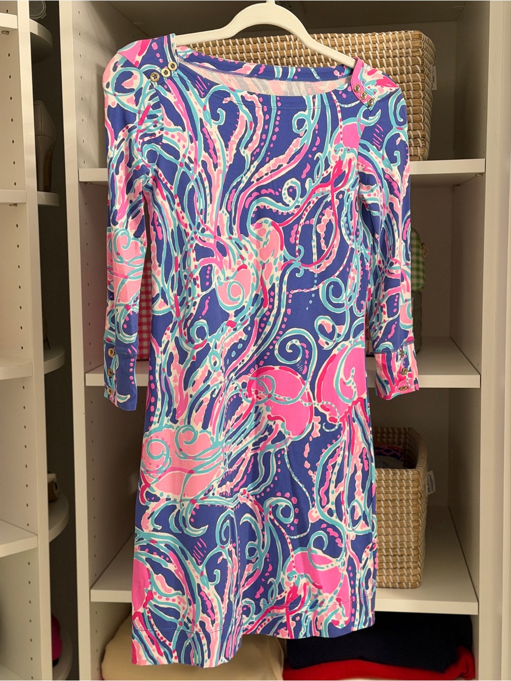 Lilly Pulitzer XXS Blue Pink Octopus Print Jersey Shift Dress Gold Button Detail